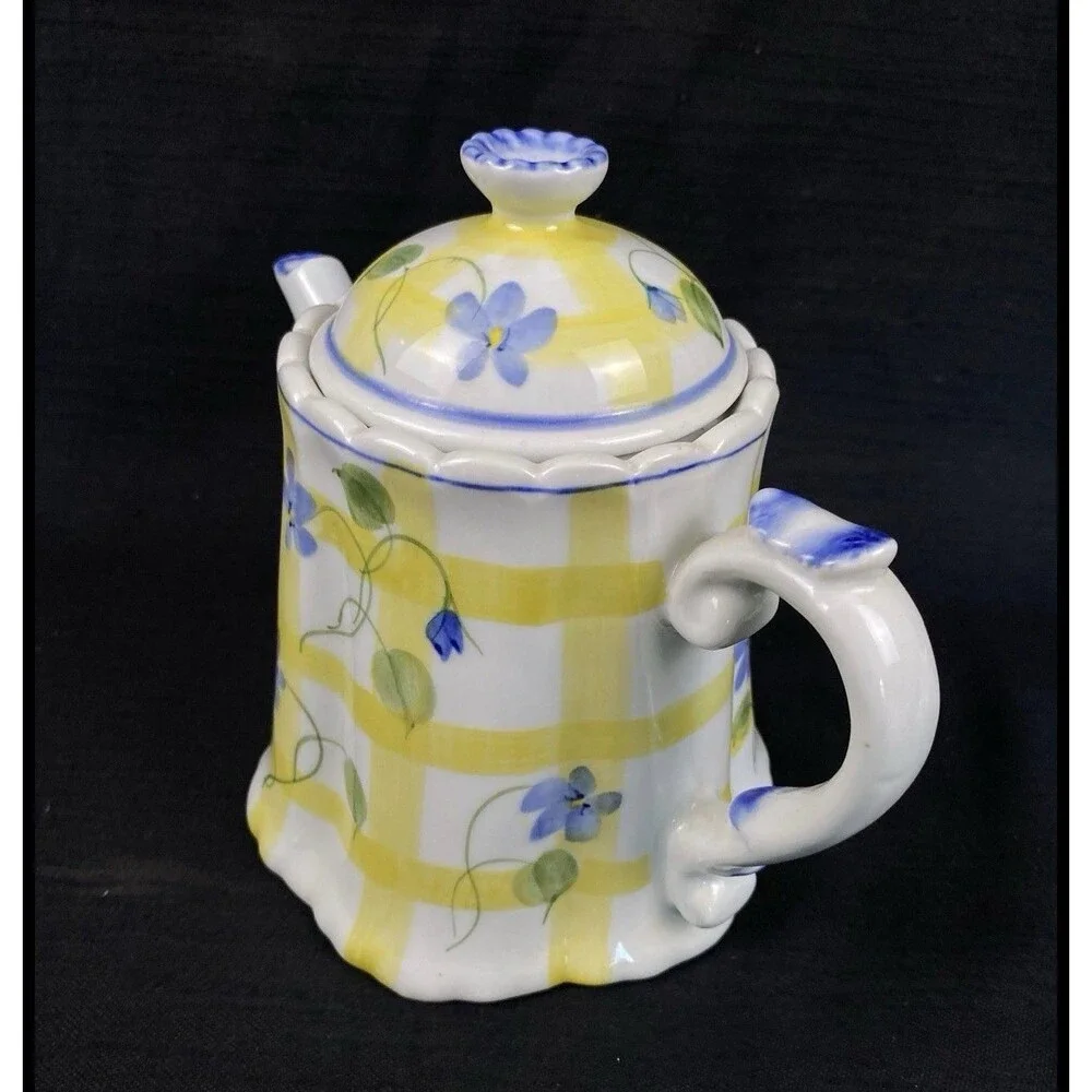 Vintage Andrea by Sadek Teapot Yellow Plaid Check Blue Violets Flowers 7